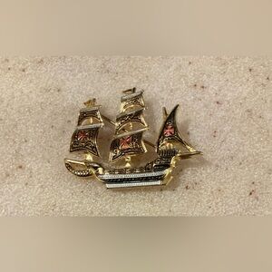 Vintage Gold Ship Brooch with Red Accents